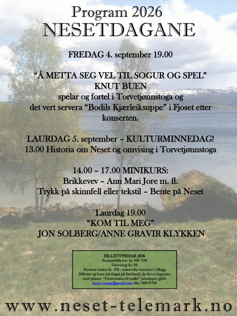 Alt-tekst: Program for Nesetdagane 2026 med konserter og kulturaktiviteter i naturskjønne omgivelser.