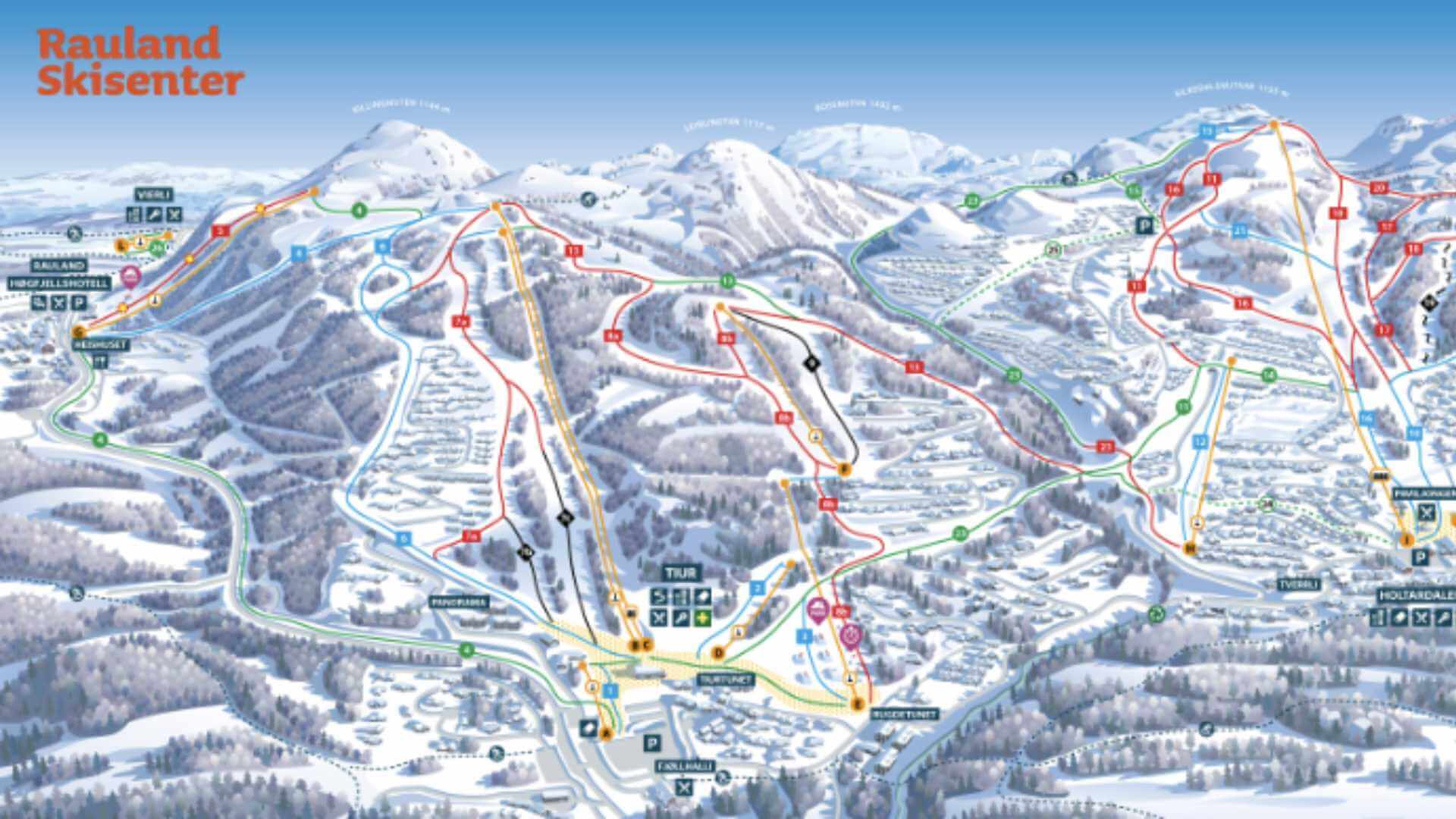 Kart over Rauland Skisenter med løyper, heiser og fjell i bakgrunnen for vinteraktiviteter i Norge.