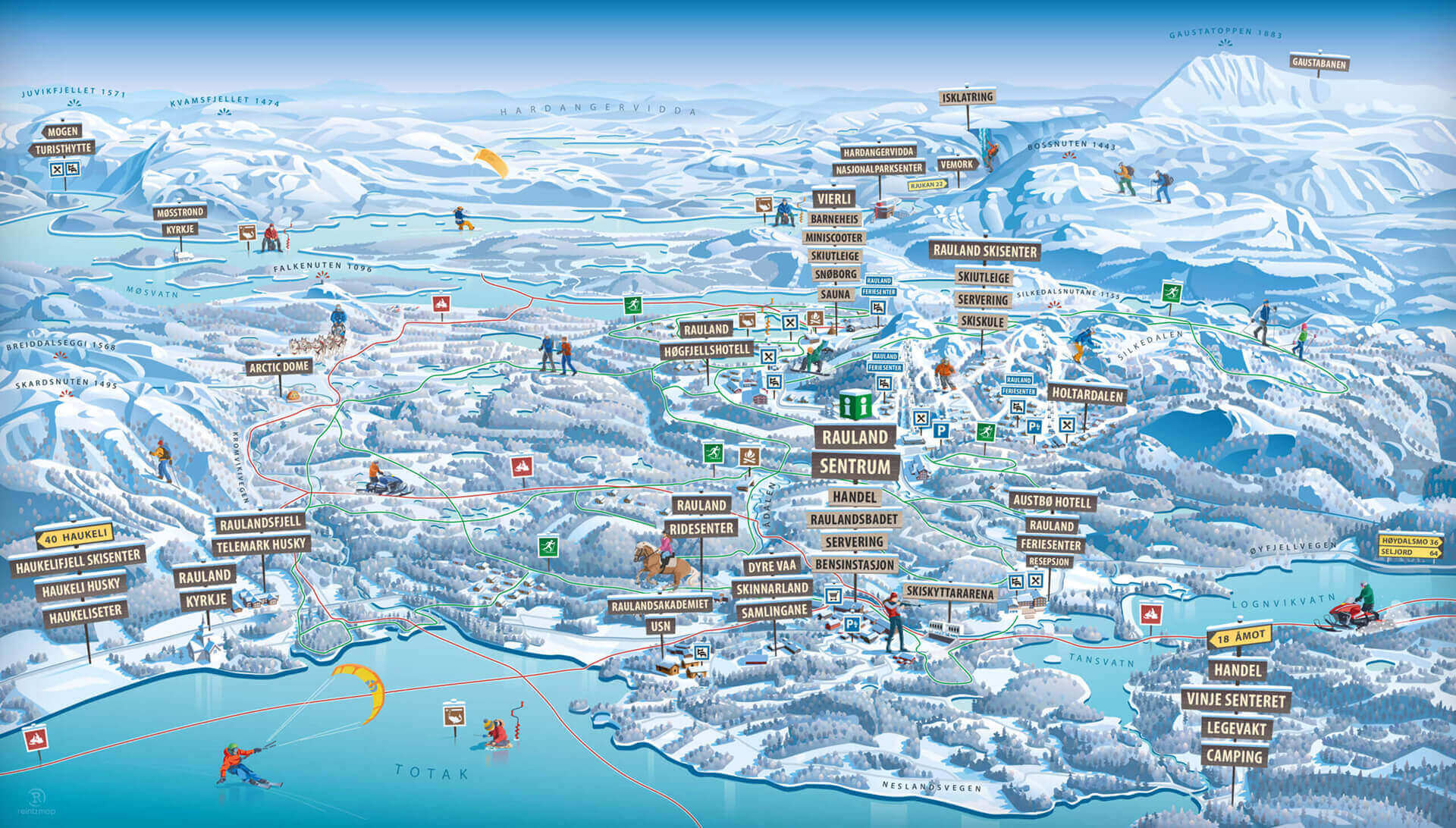 Kart over Rauland, Norge, med vinteraktiviteter og turistattraksjoner markert. Skianlegg og turstier er fremhevet.