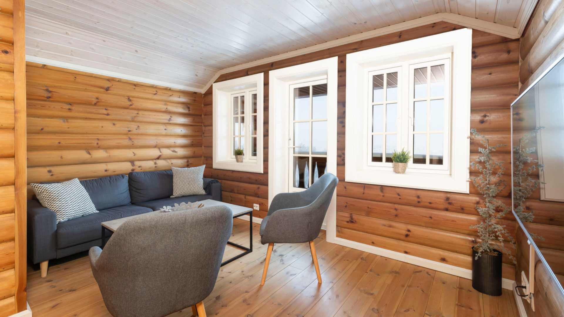 Moderne stue med tømmervegger, grå sofa og lenestoler, tre planter i vinduskarmen.