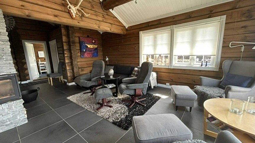 Koselig stue med peis, moderne møbler, og naturlige elementer i en hytte med trevegger.