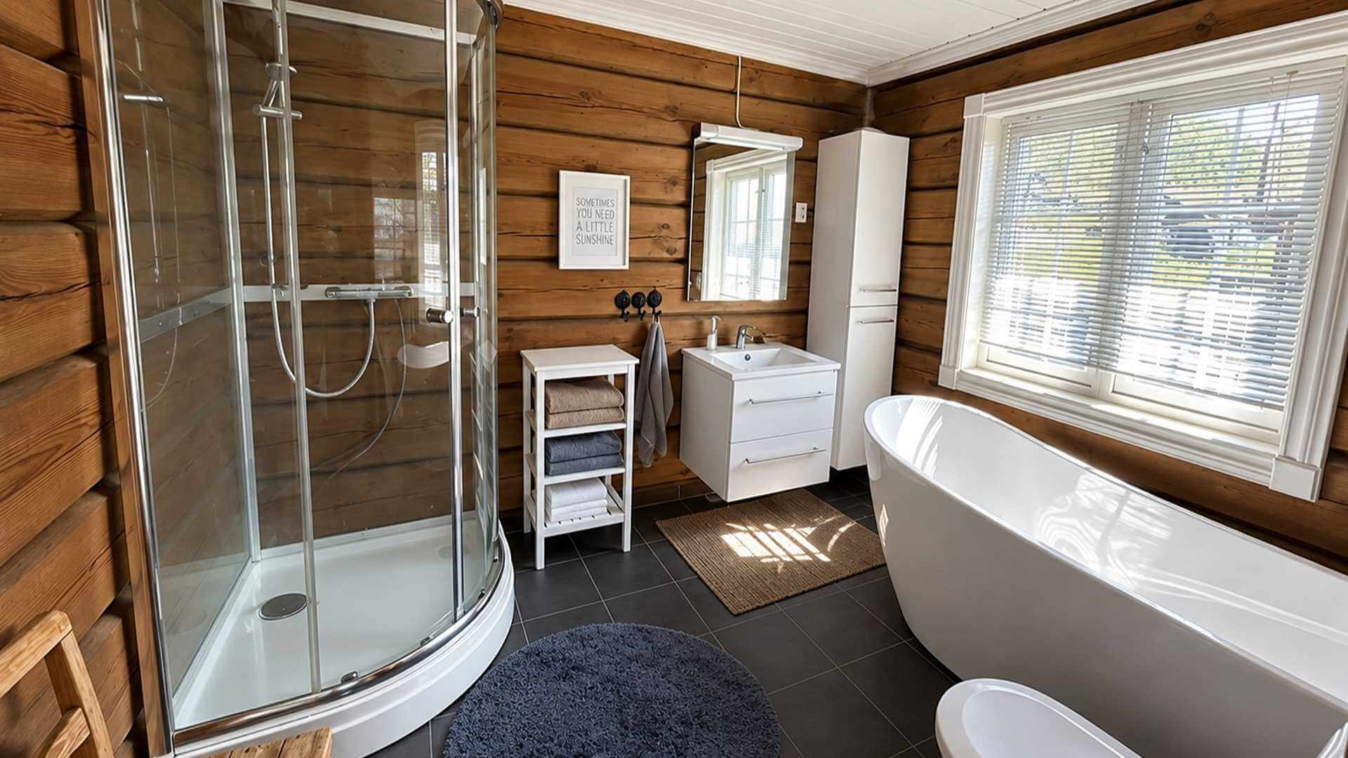 Moderne bad med dusj, badekar og stilige trevegger, perfekt for avslapning og velvære.