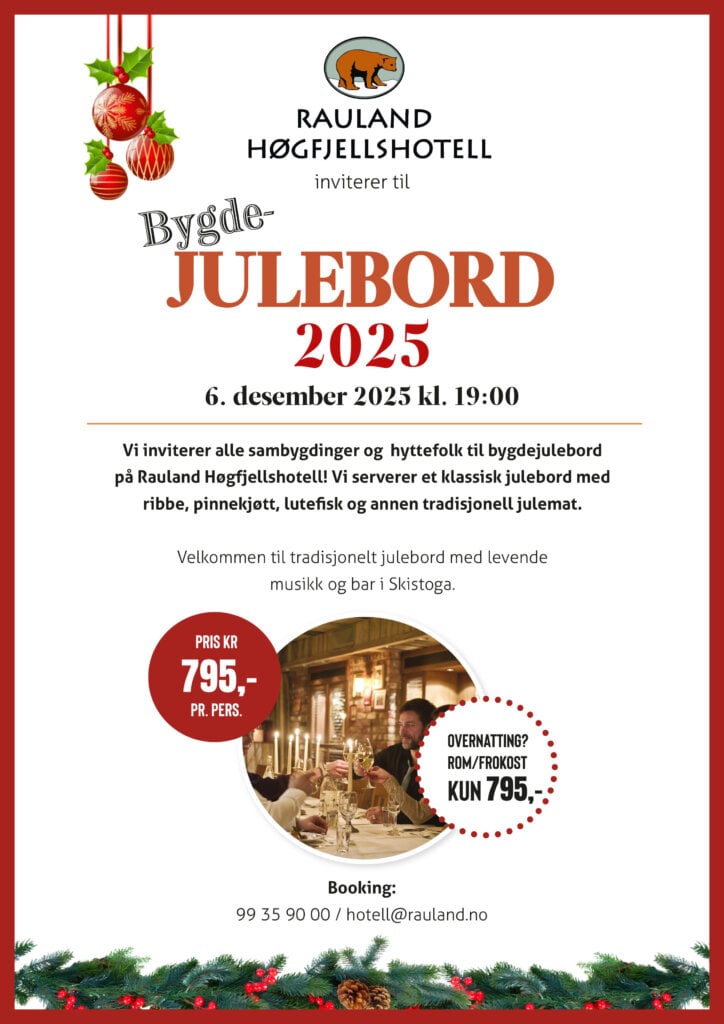 Invitasjon til bygdejulebord på Rauland Høgfjellshotell 6. desember 2025 med tradisjonell norsk julemat.