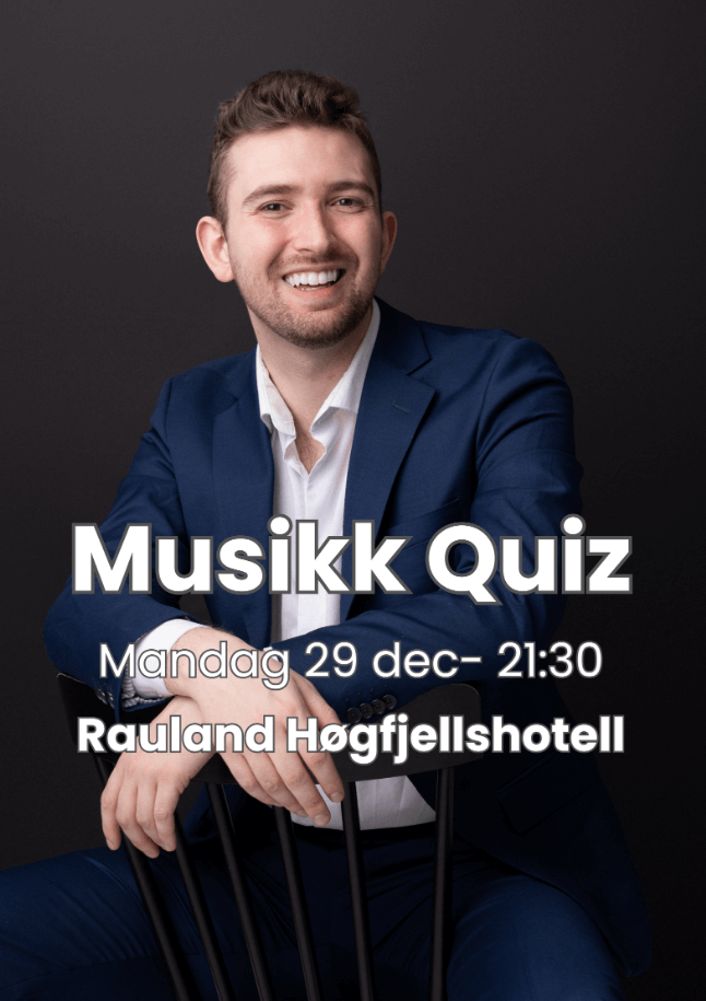 Person i blå dress promoterer Musikk Quiz på Rauland Høgfjellshotell, mandag 29. desember kl. 21:30.