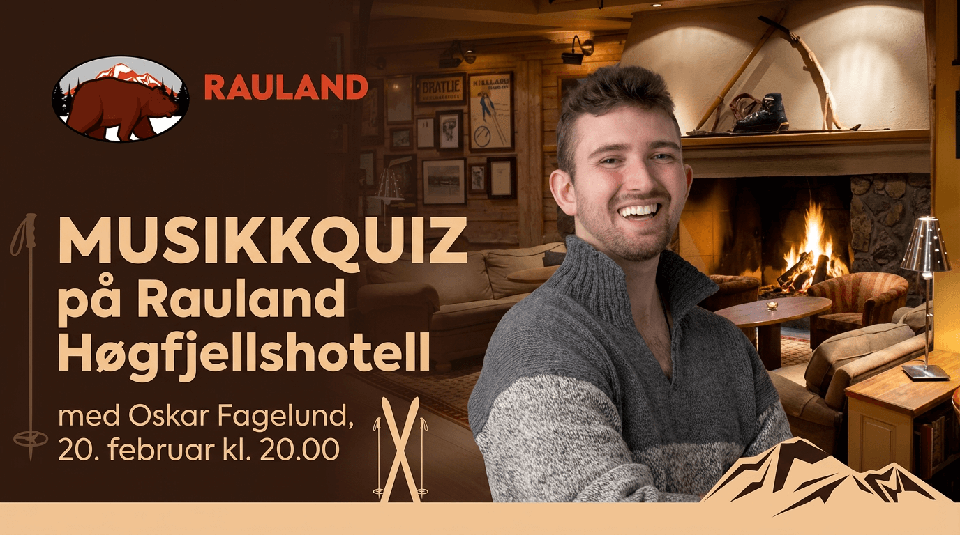 Musikkquiz på Rauland Høgfjellshotell med Oskar Fagelund, 20. februar kl. 20.00, foran peis i koselig interiør.