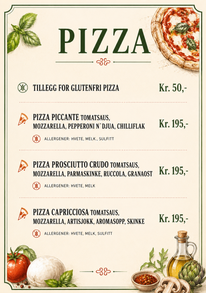 Alt-tekst: Meny med ulike pizzaer og priser, inkludert allergener som hvete, melk og sulfit. Ideell for pizzaelskere.