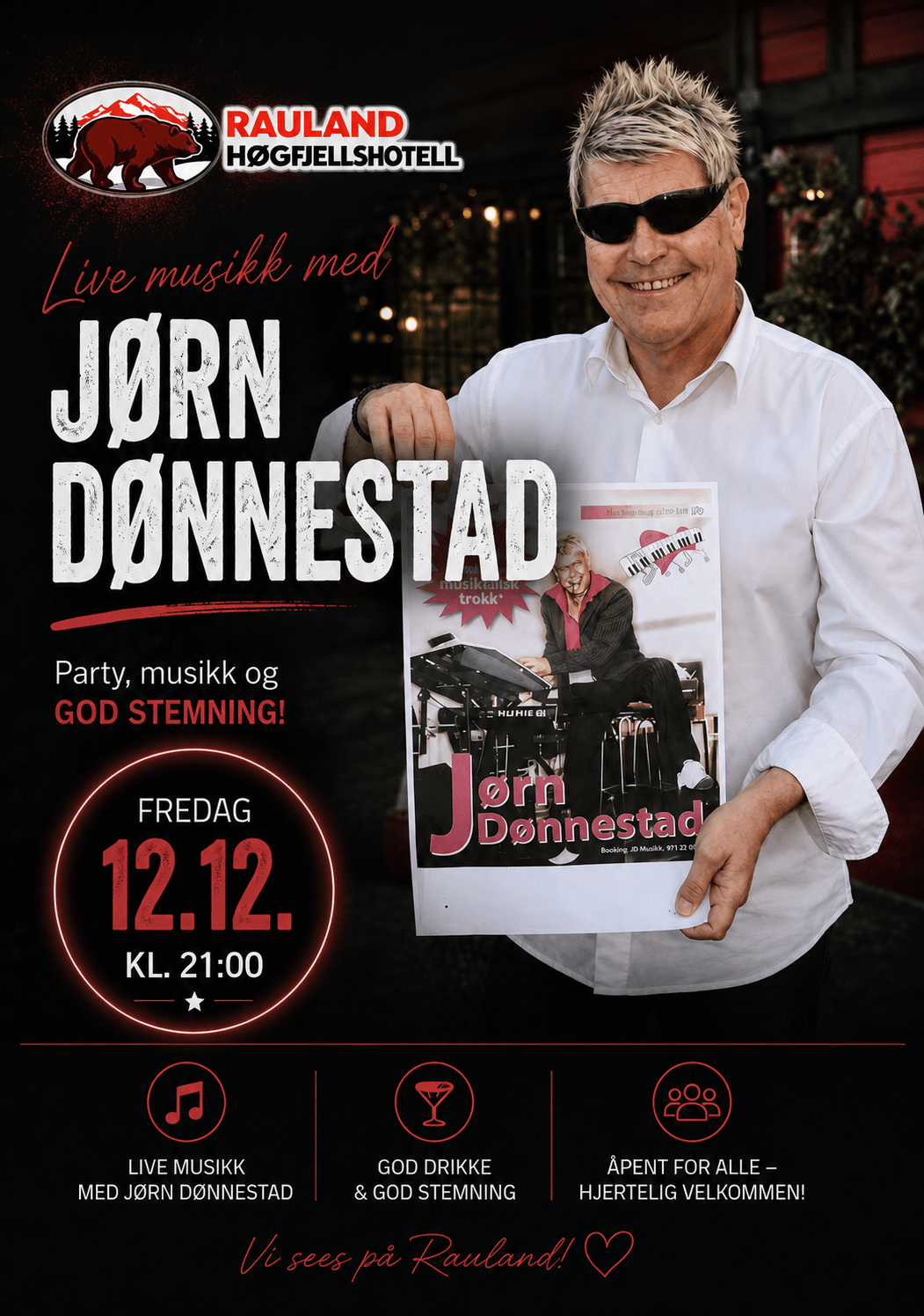 Alt-tekst: Plakat for live musikk med Jørn Dønnesstad på Rauland Høgfjellshotell, fredag 12.12 kl. 21:00.