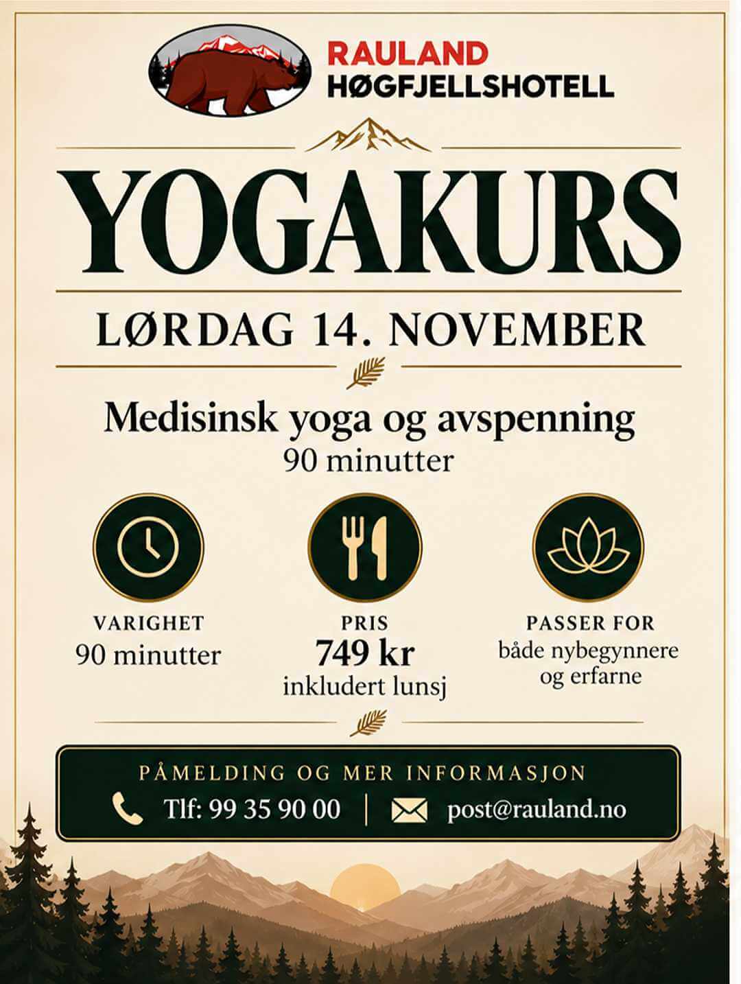 Alt-tekst: Plakat for yogakurs i Rauland, 14. november, med informasjon om pris, varighet og målgruppe.
