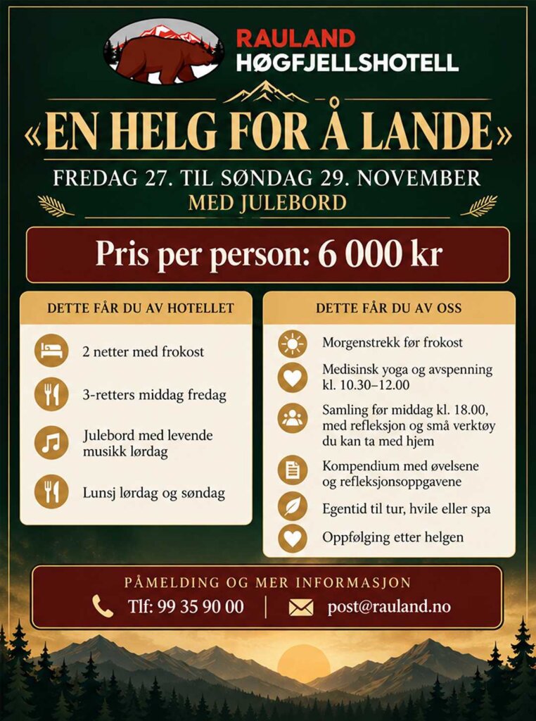 Alt-tekst: Plakat for helgetilbud på Rauland Høgfjellshotell med julebord, yoga og aktiviteter fra 27. til 29. november.