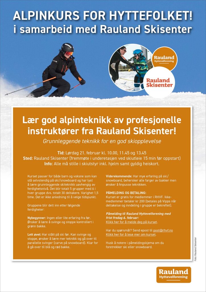 Alpinkurs for hyttefolk ved Rauland Skisenter: Lær alpinteknikk med profesjonelle instruktører, gratis for medlemmer.