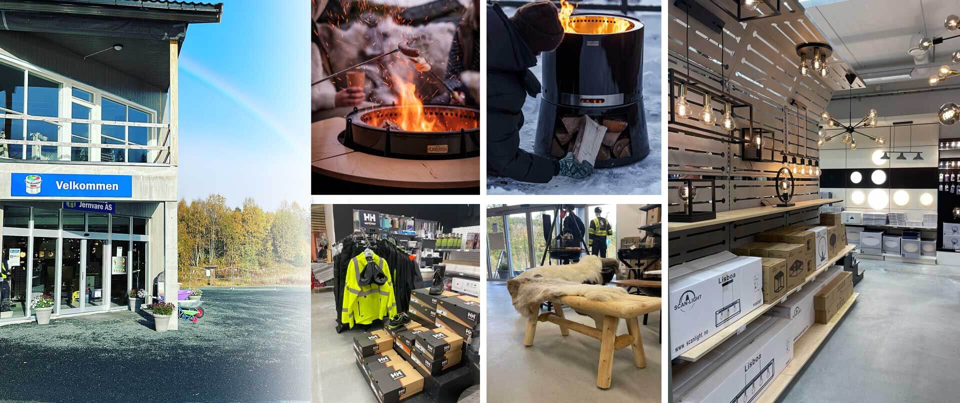 Jernvarebutikk med utemøbler, klær, belysning og peisprodukter. Velkomstskilt og regnbue i bakgrunnen.