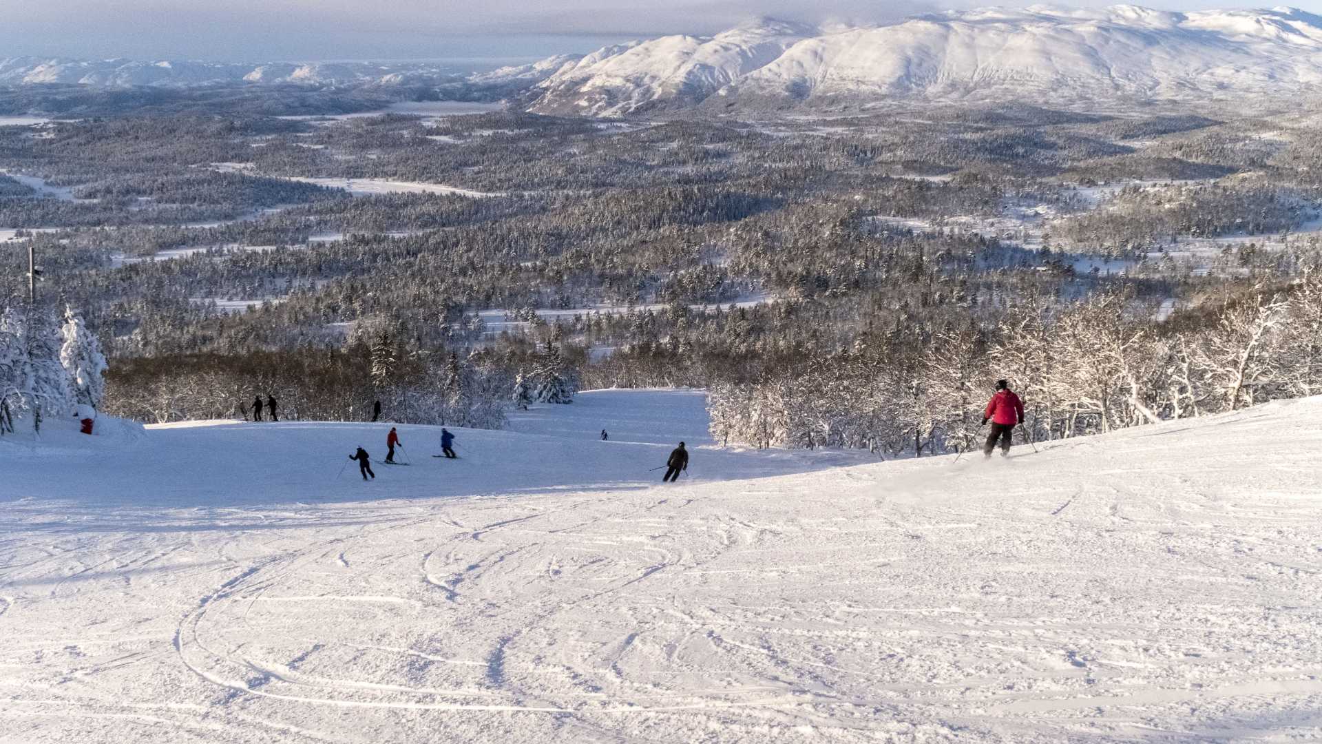Mennesker står på ski ned snødekte bakker med vidstrakt vinterlandskap i bakgrunnen.
