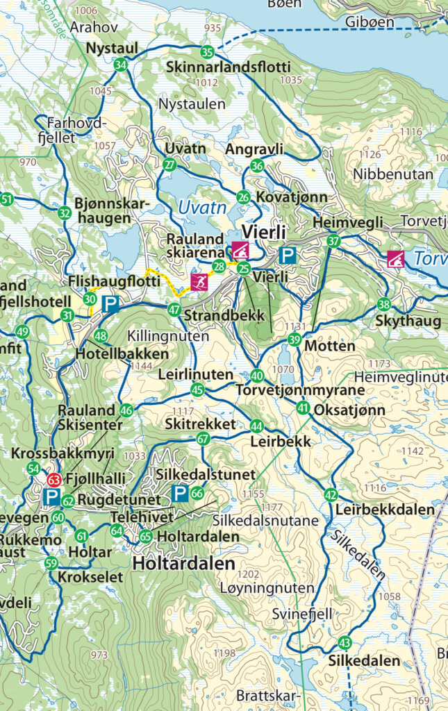 Kart over Vierli, Norge, med skiområder, stier og landemerker som Nystaul, Møtten og Rauland skisenter.