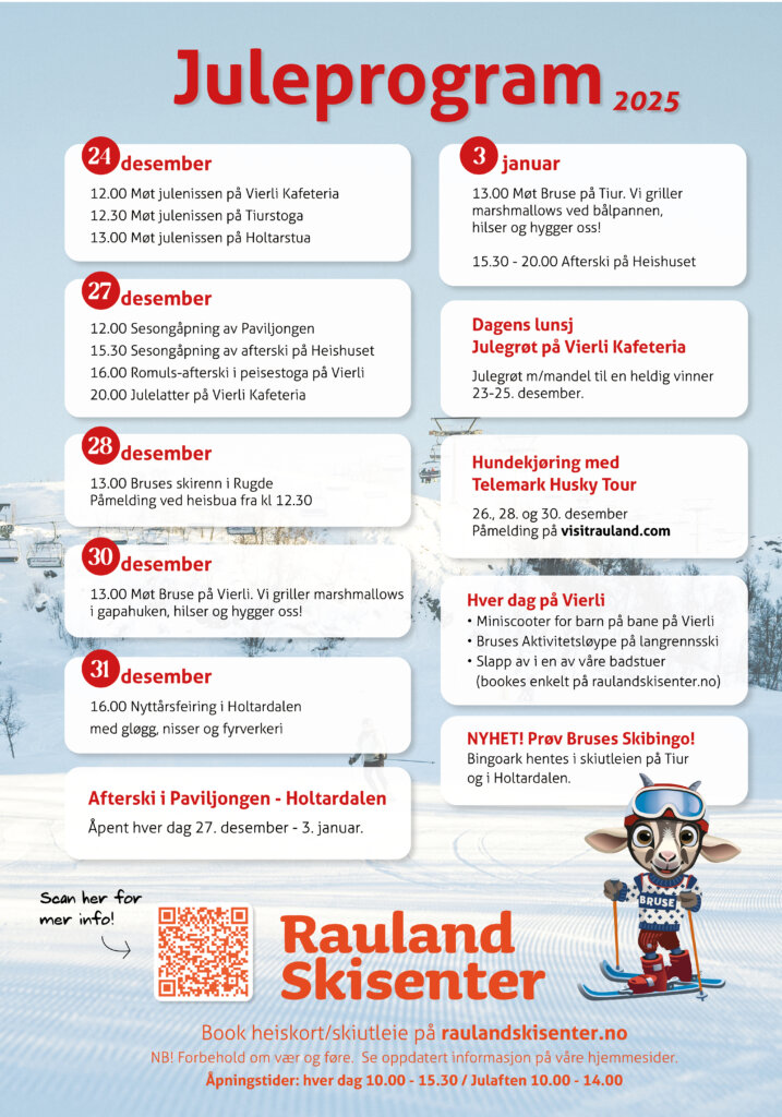 Juleprogram 2025 for Rauland Skisenter: Aktiviteter og arrangementer fra desember til januar. Besøk raulandskisenter.no.