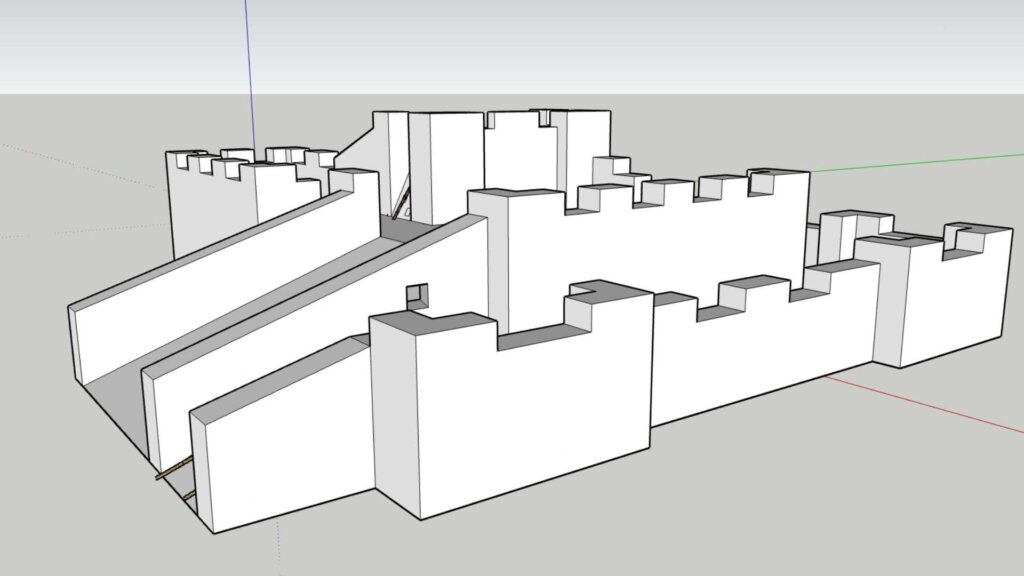 3D-modell av enkelt slott med murer og trapper i minimalistisk stil.