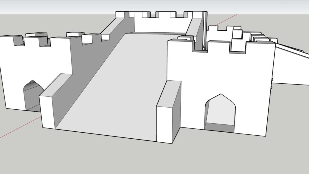 3D-modell av slottfestning med trapper og murer, sett fra siden, i en minimalistisk stil.