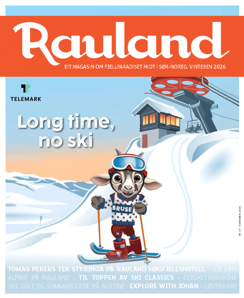 Magasinforside: Lam på ski i snødekte fjell i Rauland, med teksten Long time, no ski.