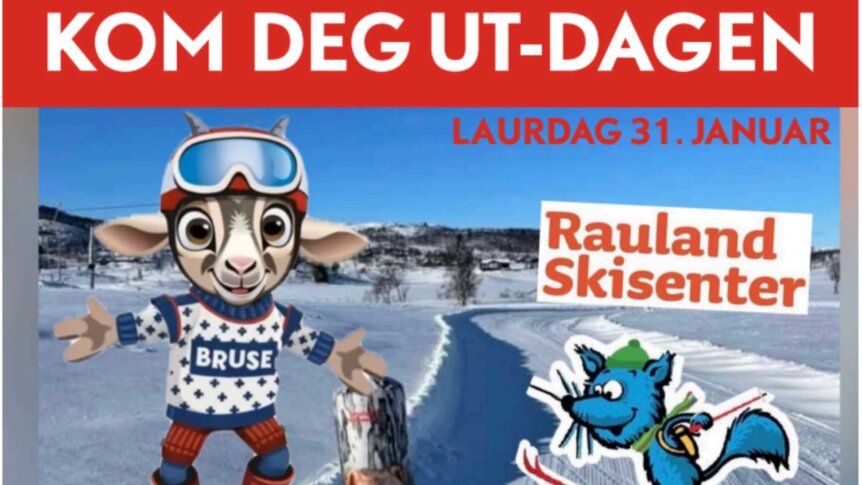 Maskot for Kom Deg Ut-dagen på Rauland Skisenter, 31. januar, med snødekkede fjell i bakgrunnen.