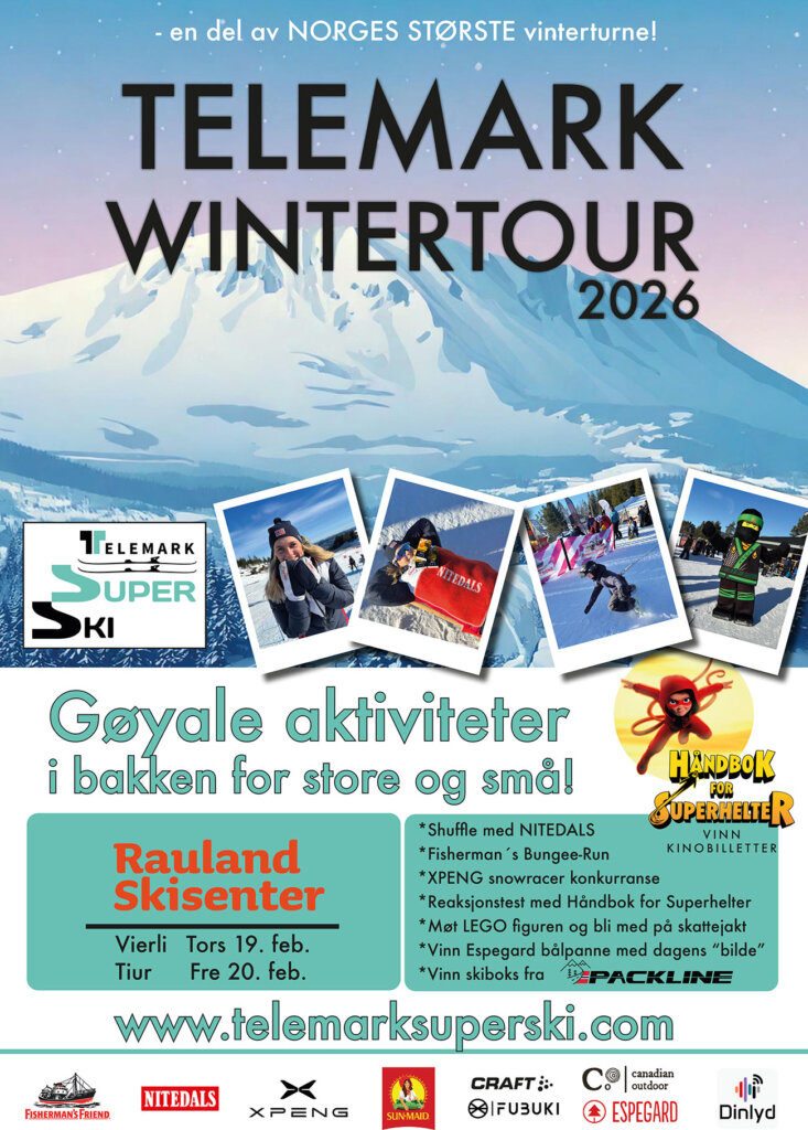 Plakat for Telemark Wintertour 2026 med aktiviteter på Rauland Skisenter, 19-20. februar. Gøy for store og små!