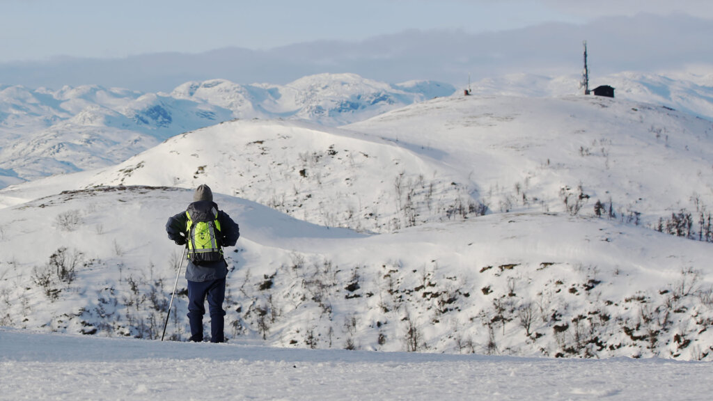 Person på ski i snødekt landskap, ser mot fjellene i det fjerne.