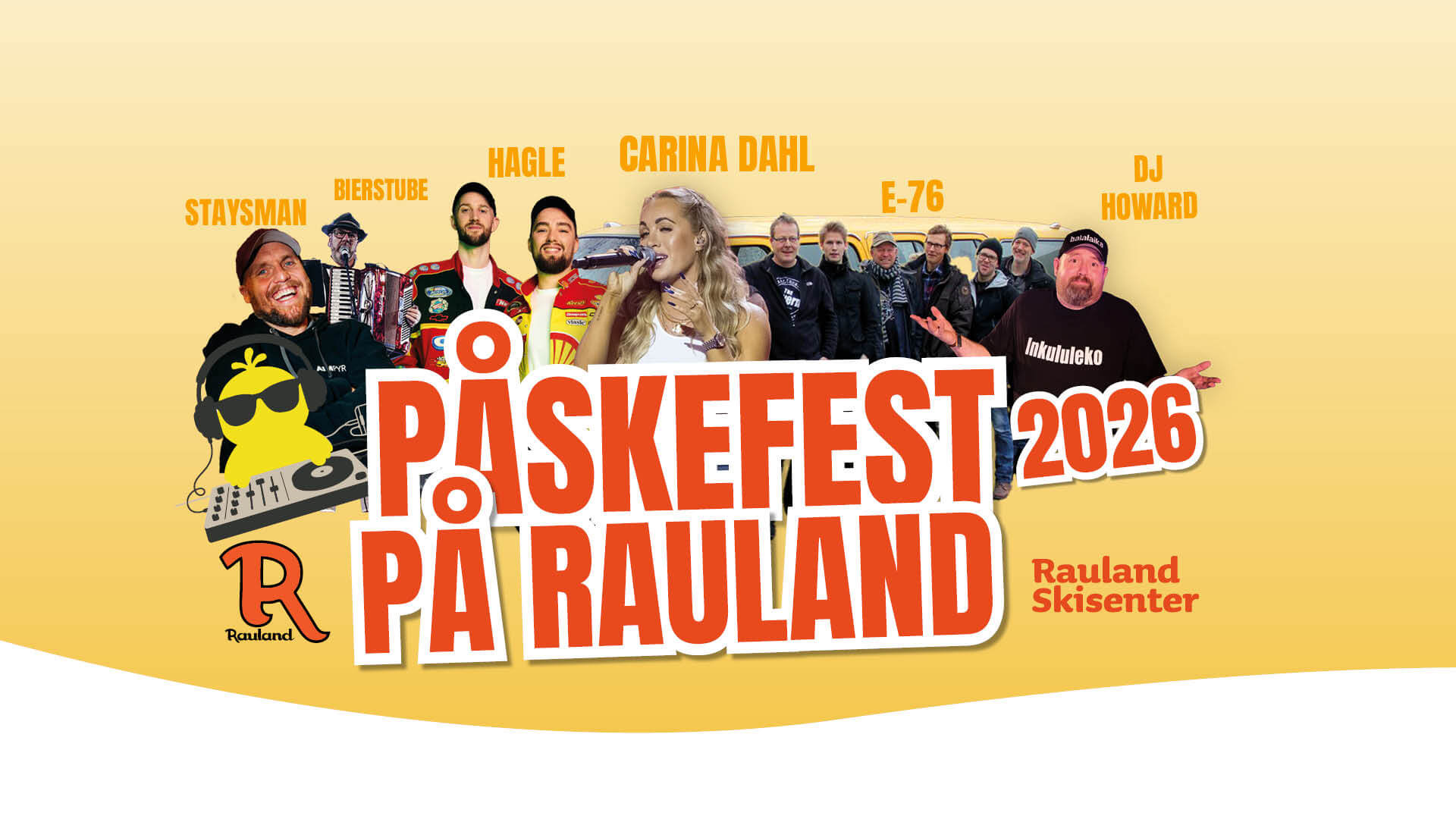 Påskefest 2026 på Rauland Skisenter med artister. Festivalplakat med konsertinformasjon.