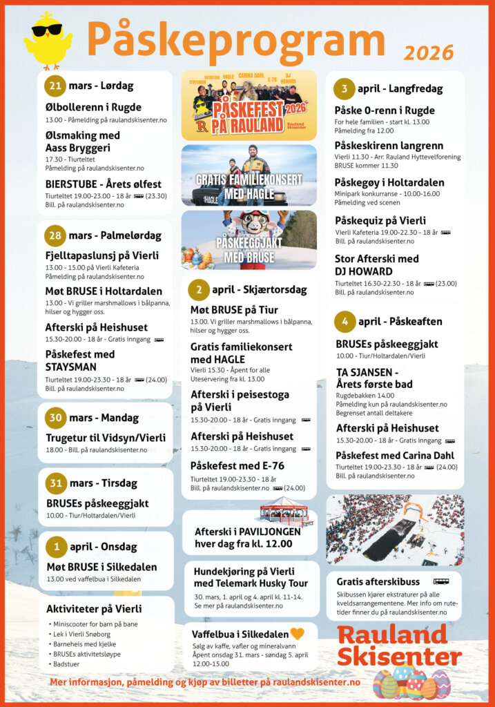 Alt-tekst: Påskeprogram 2026 for Rauland Skisenter, med aktiviteter og konserter fra 21. mars til 4. april.