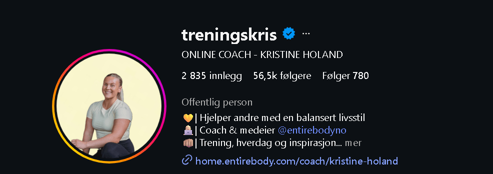 Alt-tekst: Profilbilde av online coach Kristine Holand, som deler trening og livsstilstips med 56,5k følgere.