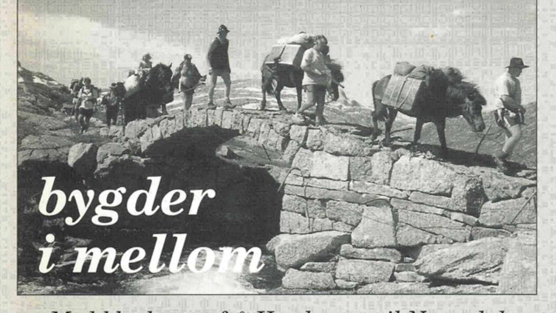 Gruppe vandrer med hester over steinbro i fjellandskap, tekst bygder i mellom. Svart-hvitt foto.