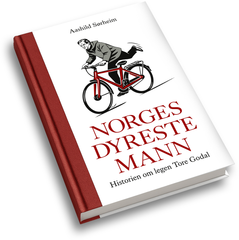 Bokomslag av Norges dyreste mann av Aashild Sørheim, om legen Tore Godal. Illustrert med syklist.