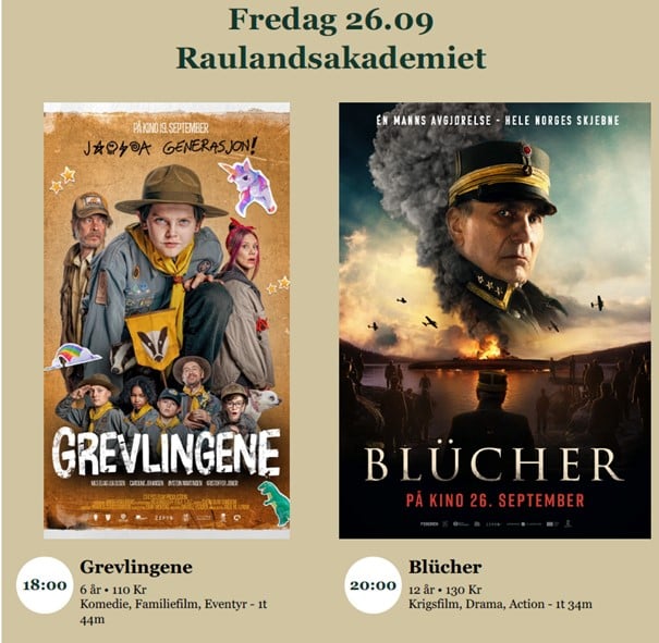 Filmplakater for Grevlingene og Blücher, vises 26.09 på Raulandsakademiet. Visningstider: 18:00 og 20:00.