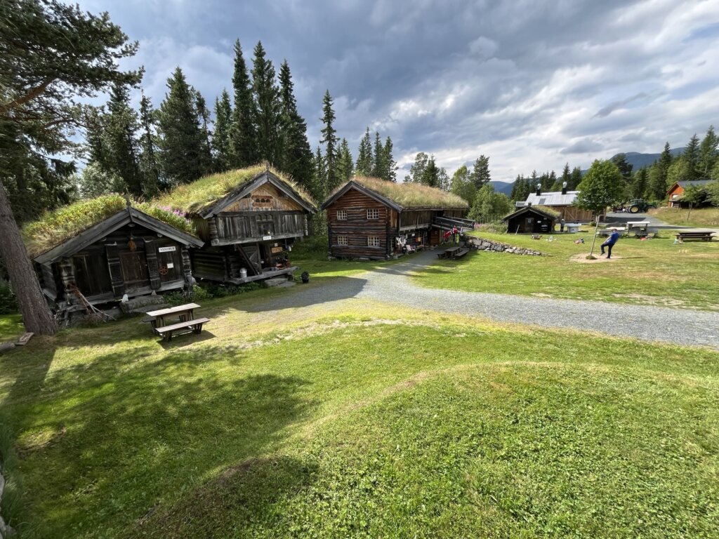 Tradisjonelle norske tømmerhus med torvtak i skoglandskap, under delvis skyet himmel.
