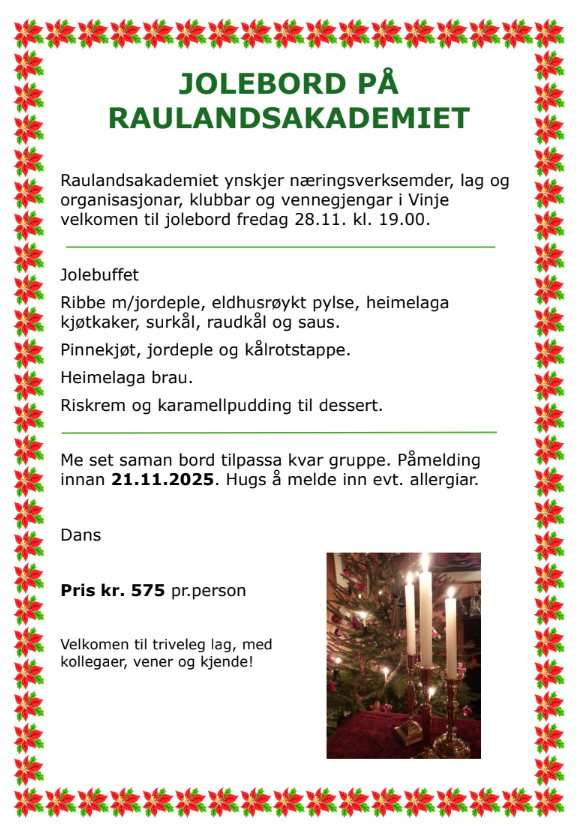 Invitasjon til julebord på Raulandsakademiet med tradisjonell julebuffet og dans. Påmelding innen 21.11.2025.