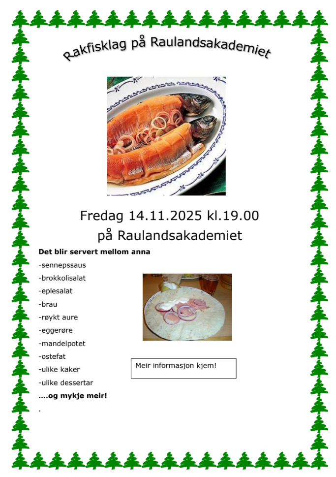 Rakfisklag på Raulandsakademiet 14.11.2025 med tradisjonelle retter som sennepssaus og røkt aure.