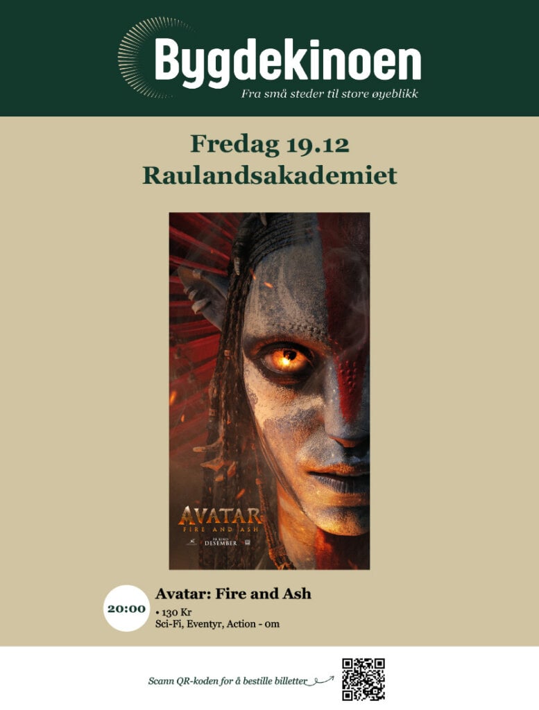 Filmplakat for Avatar: Fire and Ash på Raulandsakademiet, fredag 19.12 kl. 20:00. Bestill billetter nå.