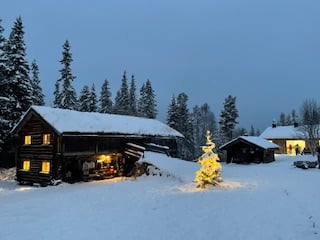Snødekt hytte i skogen med lysende juletre foran, vinterscene i skumring.