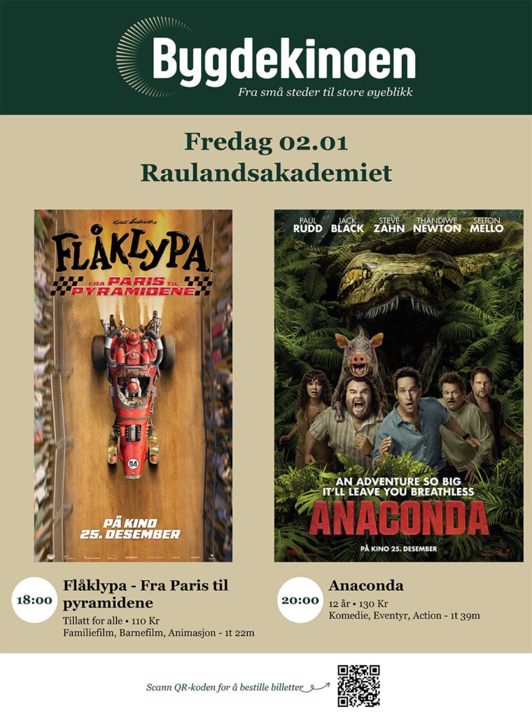 Filmplakater for Flåklypa og Anaconda på Bygdekinoen, 2. januar, Raulandsakademiet.