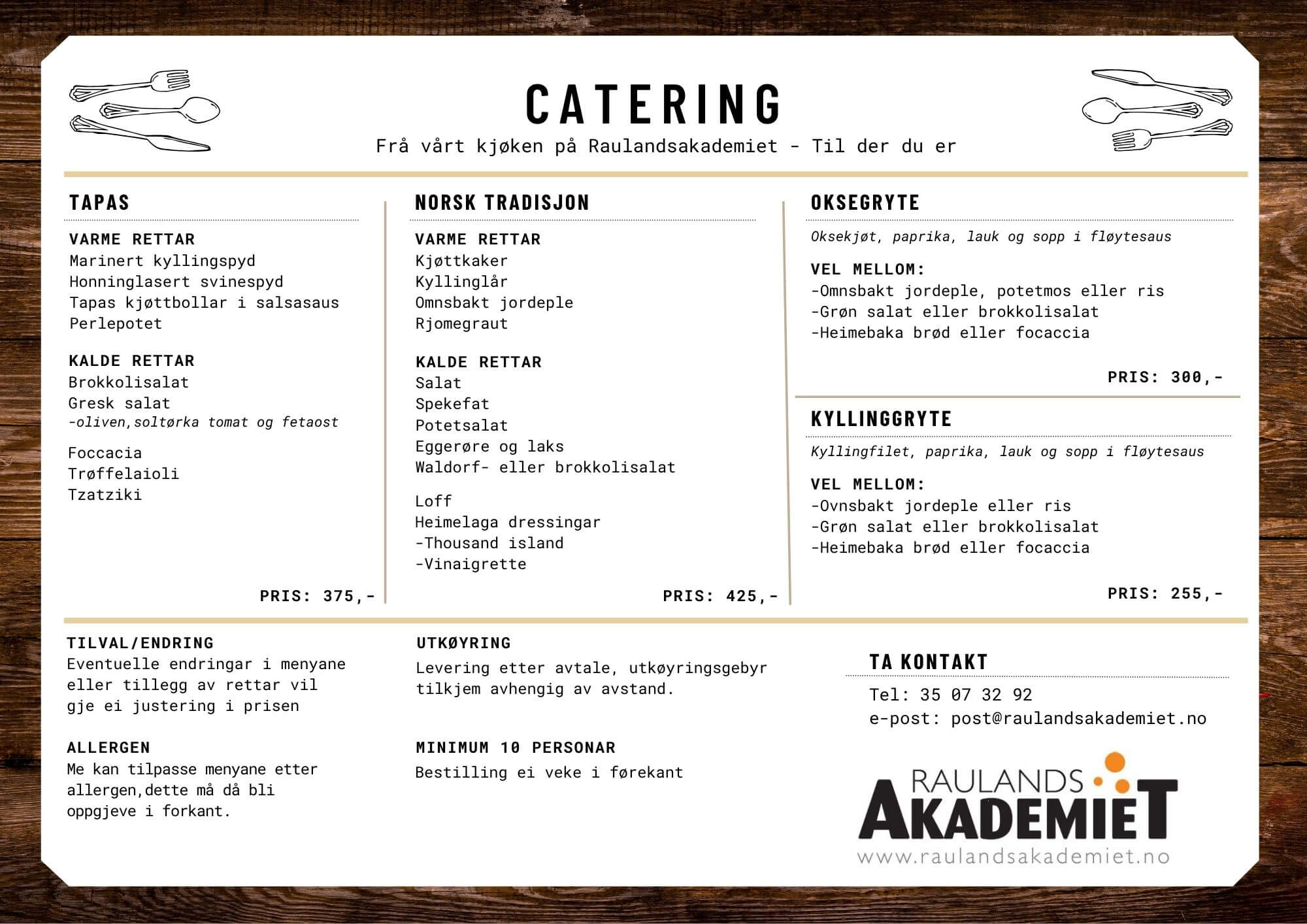 Alt-tekst: Meny for catering fra Raulandsakademiet med varme og kalde retter samt kontaktinformasjon.
