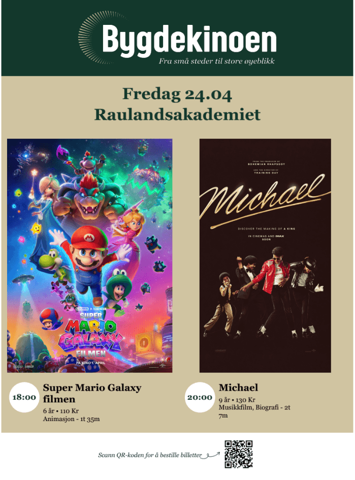 Alt-tekst: Plakat for filmvisning av Super Mario Galaxy og Michael, Raulandsakademiet 24. april, Bygdekinoen.