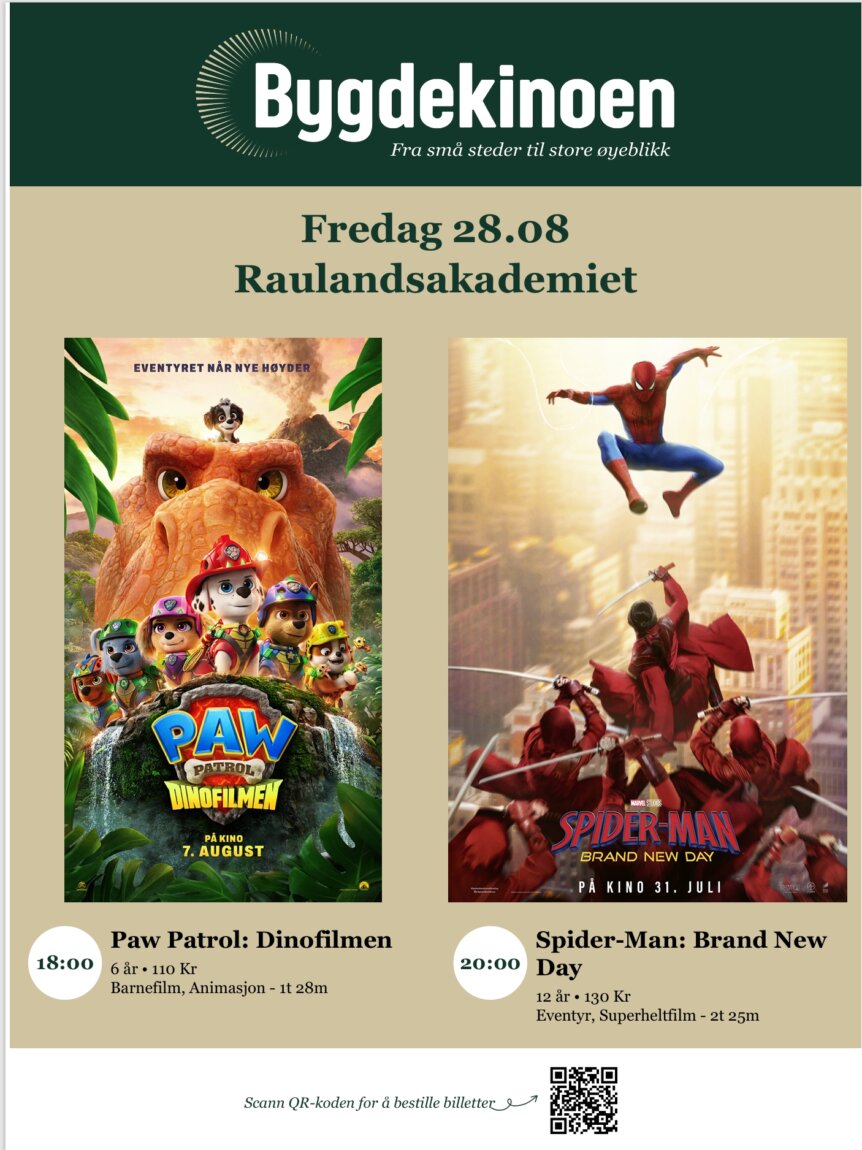Alt-tekst: Plakat for filmvisning på Bygdekinoen 28.08, med filmer som Paw Patrol: Dinofilmen og Spider-Man: Brand New Day.