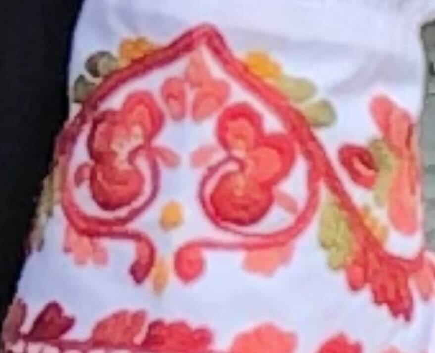 Detaljert broderi av blomster i rødt og oransje på en hvit bakgrunn. Tradisjonelt håndverk med vakre farger.