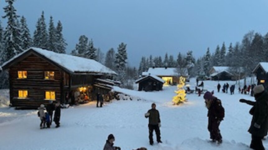Familier nyter snødekt landskap ved hytter, med juletre og folk i vinterklær. Koselig atmosfære i nydelig vinterlys.
