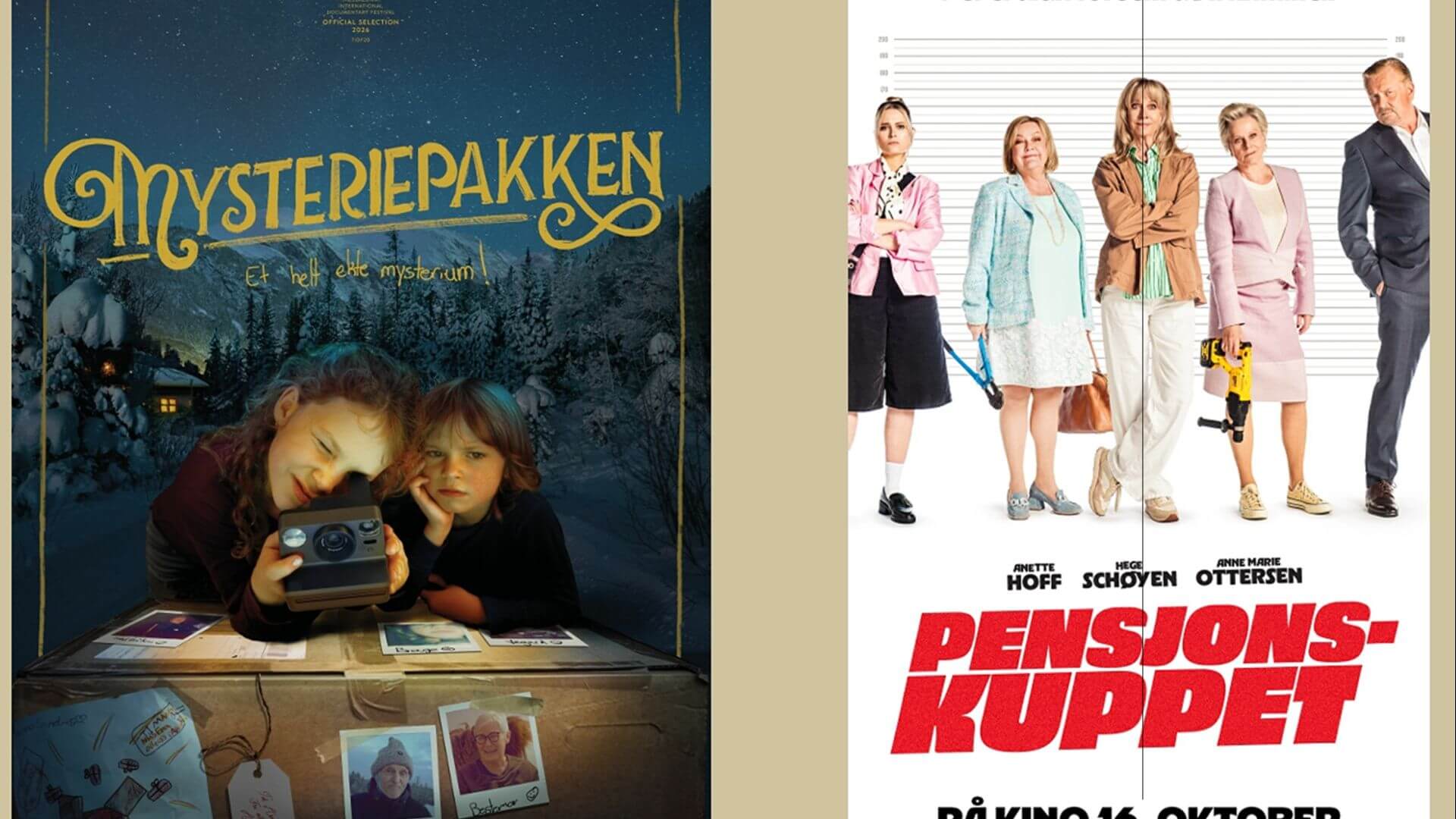 Filplakat for 'Mysteriepakkene' og 'Pensjonskuppet' med barn og kvinner i spennende situasjoner.
