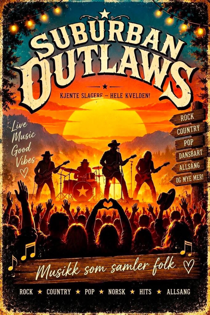 Plakat for Suburban Outlaws: Live musikk med rock, country, pop og allsang som samler folk til fest.