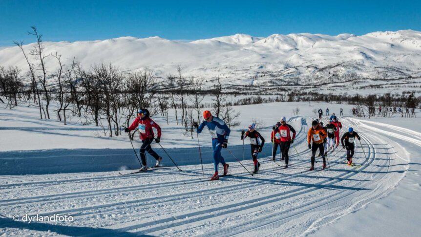 Gruppe skiløpere i snøtunge landskap under et langrennsløp i norske fjell. Klar blå himmel.