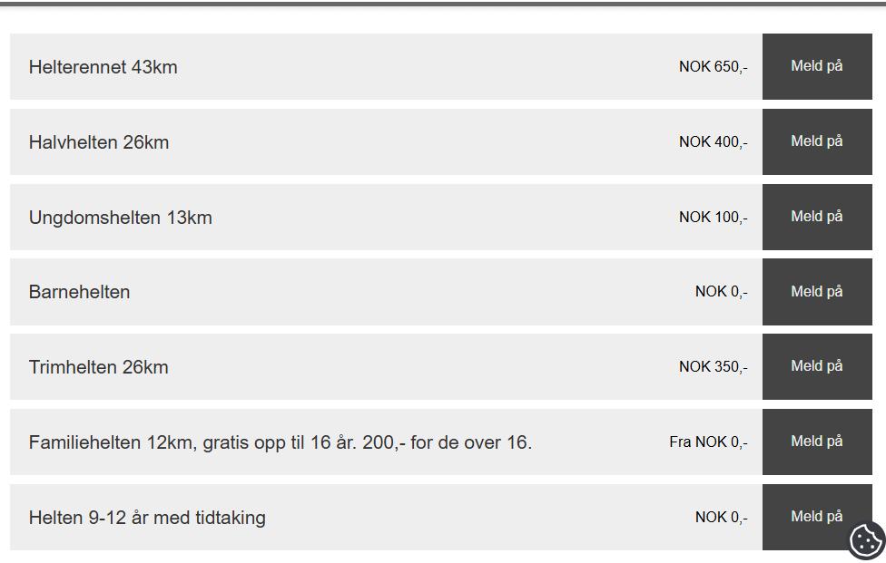 Påmeldingsalternativer for løp: Helterennet 43km, Halvhelten 26km, Ungdomshelten 13km og flere.