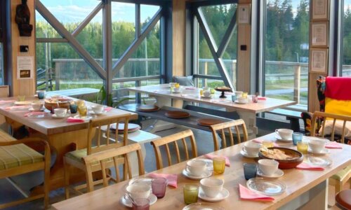 Koselig kaféinteriør med dekkede bord, fargerike glass og skogutsikt gjennom store vinduer.