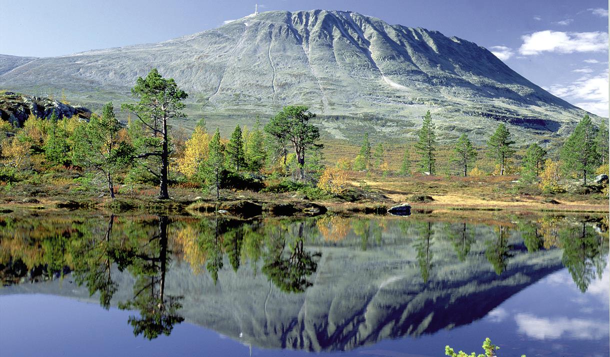 Gaustatoppen speiler seg i en klar innsjø omgitt av grønne trær og blå himmel. Perfekt norsk natur.