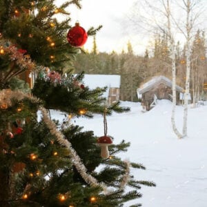 Juletre med pynt foran snødekt landskap, hytter i bakgrunnen, vinterstemning.