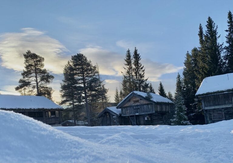 Snødekte trebygninger i skogen, blå himmel og lave skyer i bakgrunnen.