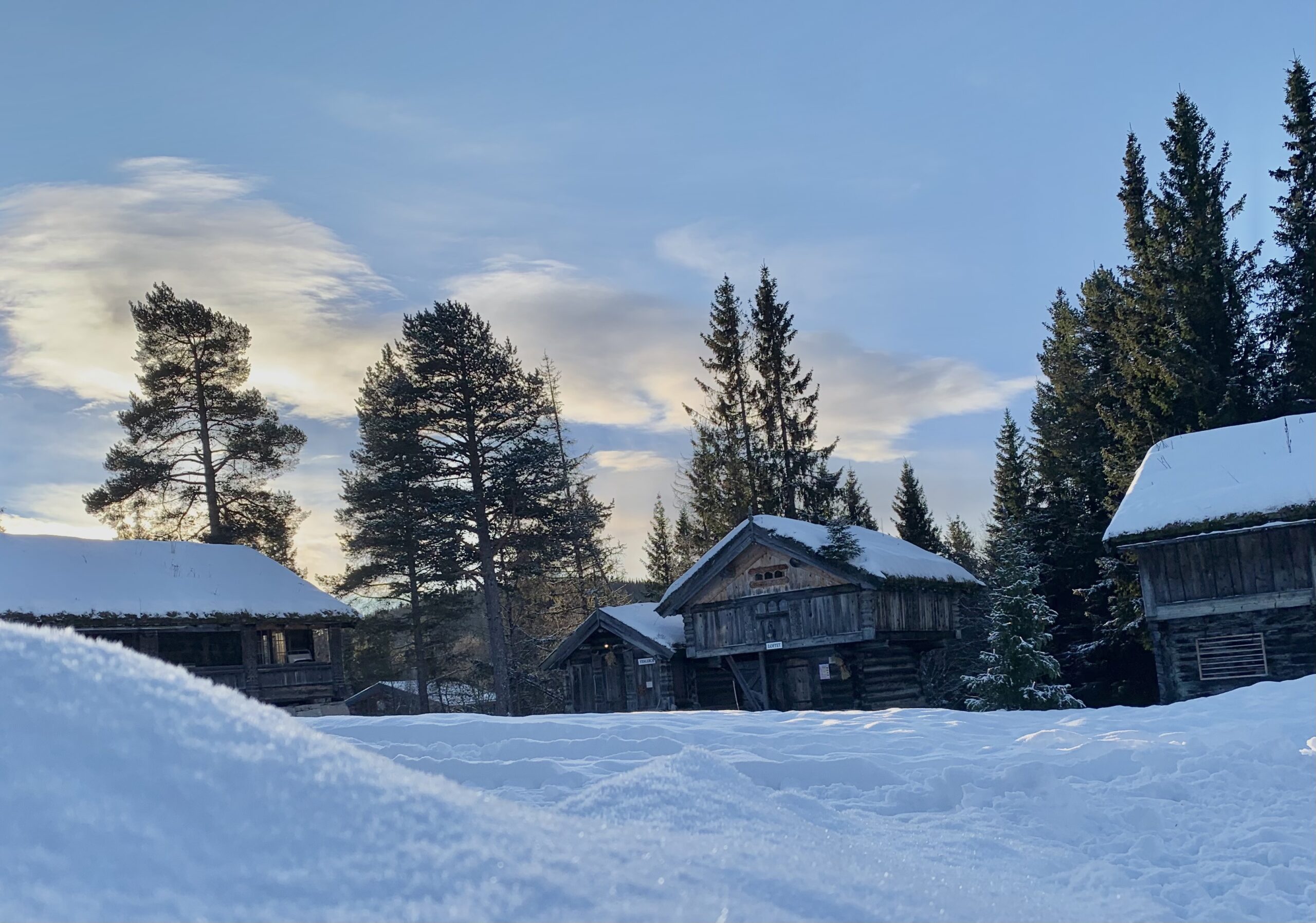 Snødekte trebygninger i skogen, blå himmel og lave skyer i bakgrunnen.